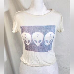 Brandy Melville Cream Short Sleeve Tee with Triple Alien Graphic